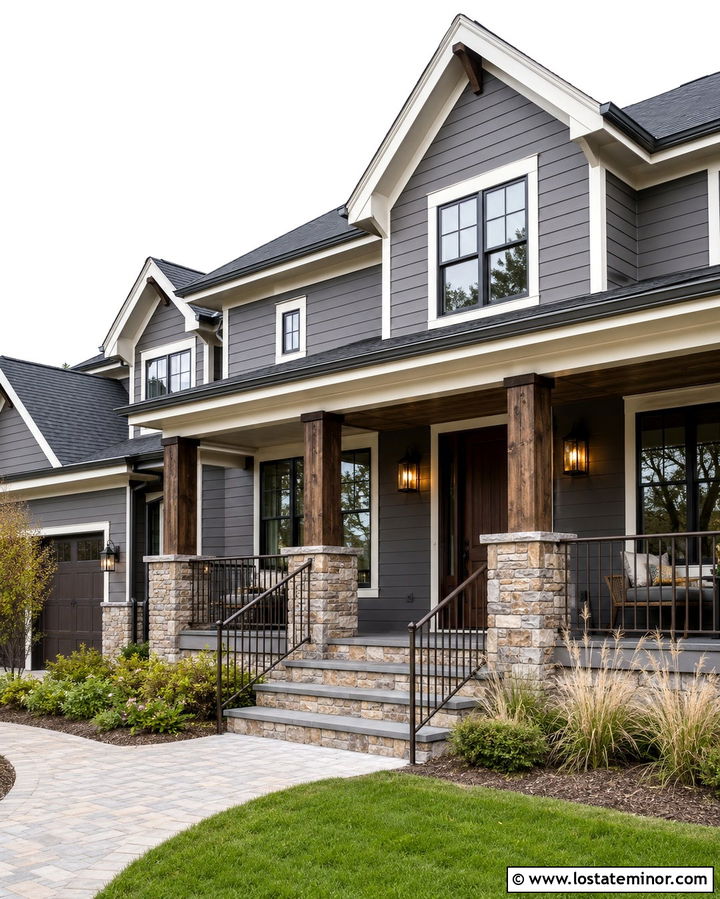 Slate Grey House With Stone Porch Columns - 30 Slate Grey House Design With Steps Ideas