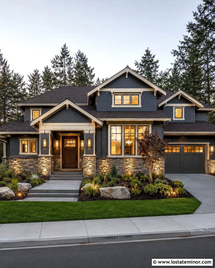 Slate Grey House With Stone Wall Wash Lights - 30 Slate Grey House Design With Lighting Ideas