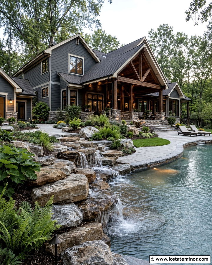Slate Grey House With Stone Waterfall Pool - 30 Slate Grey House Design With Swimming Pool Ideas