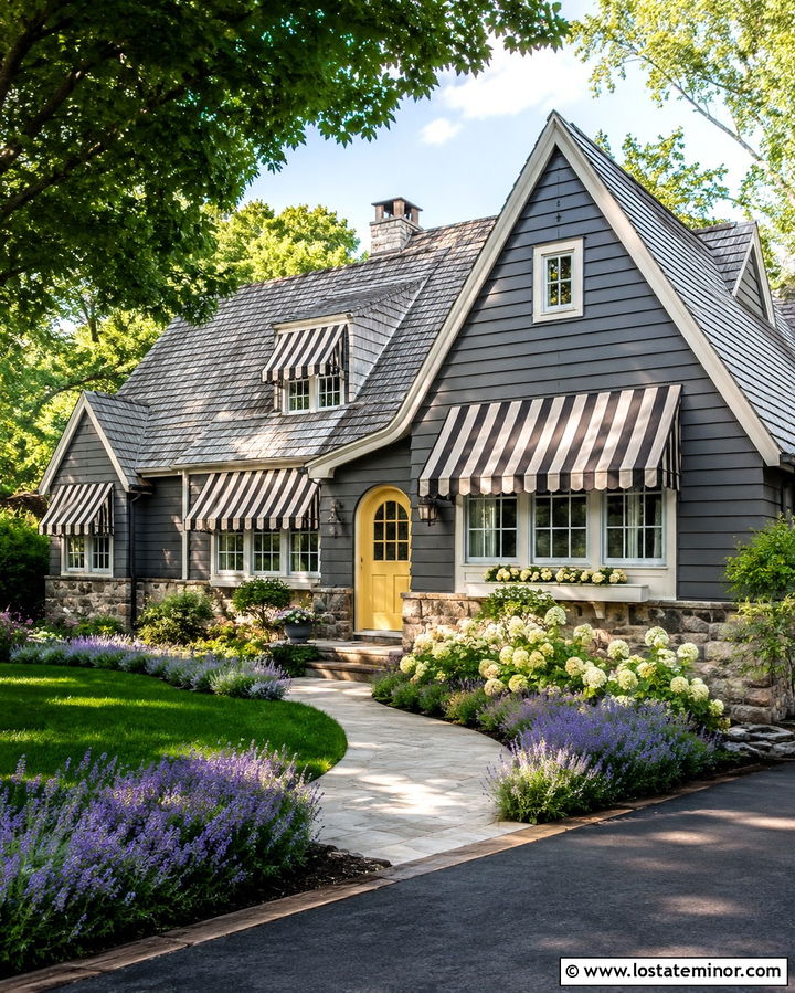 Slate Grey House With Striped Window Awnings - 30 Slate Grey House Design With Awning Ideas