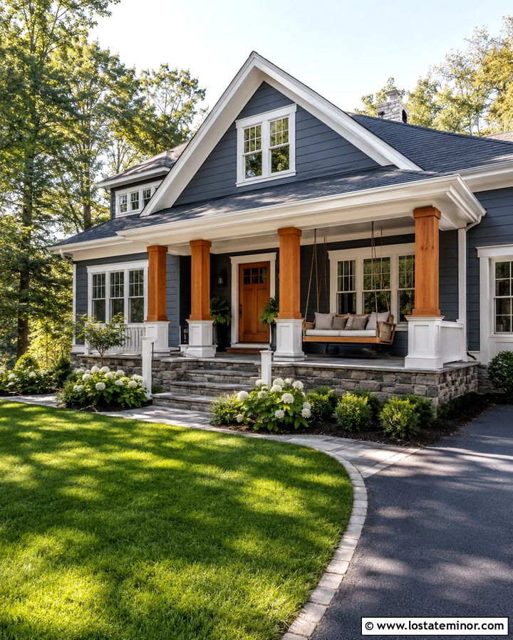 Slate Grey House With Swing And Stone Porch - 30 Slate Grey House Design With Swing Ideas