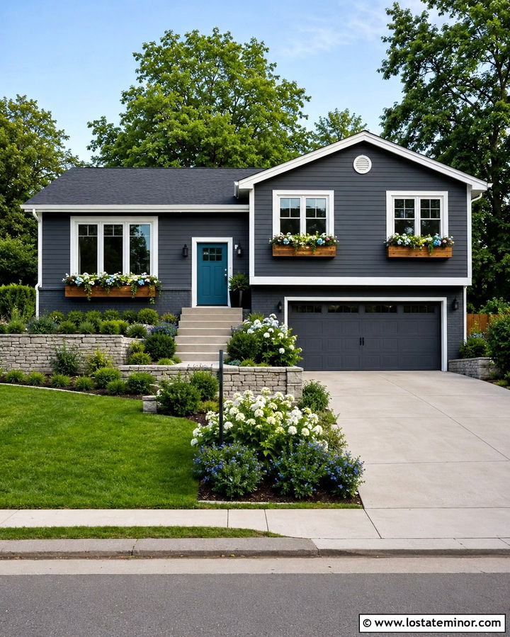 Slate Grey House With Teal Door And Window Boxes - 30 Slate Grey House Design With Window Boxes Ideas