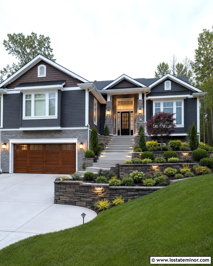 Slate Grey House With Tiered Front Yard Landscaping - 30 Slate Grey House Design With Landscaping Ideas