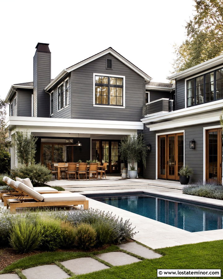 Slate Grey House With Travertine Pool Patio - 30 Slate Grey House Design With Swimming Pool Ideas