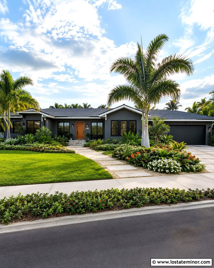 Slate Grey House With Tropical Greenery - 30 Slate Grey House Design With Landscaping Ideas