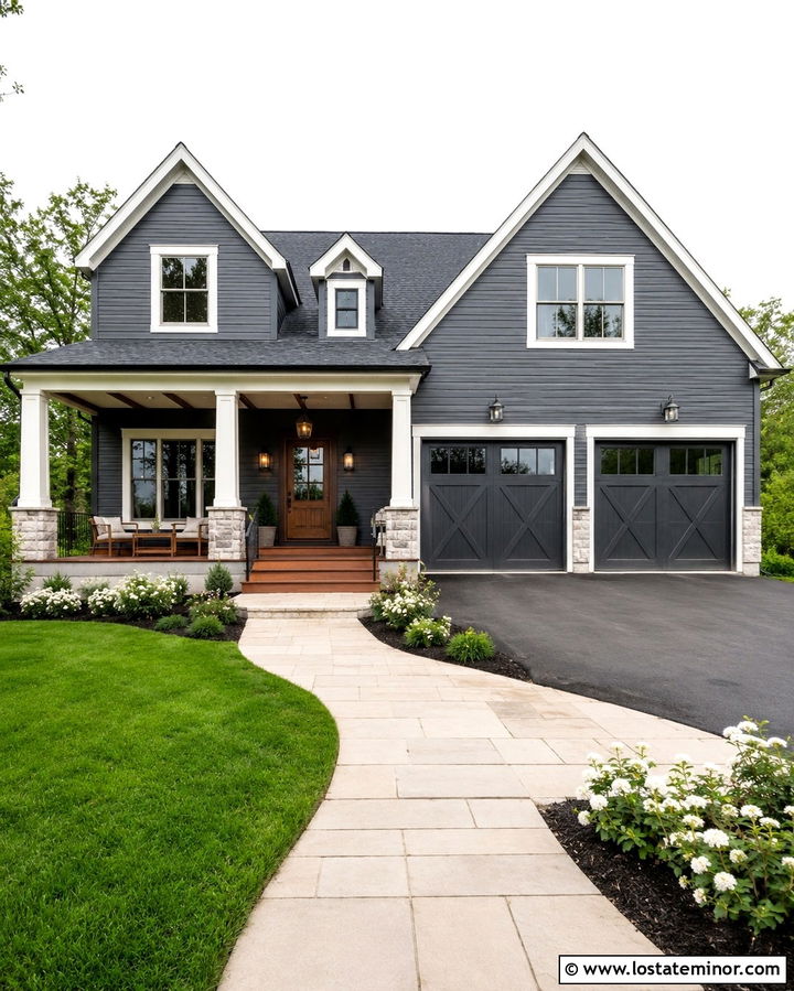 Slate Grey House With Two Tone Porch Ceiling - 30 Slate Grey House Design With Porch Ceiling Ideas