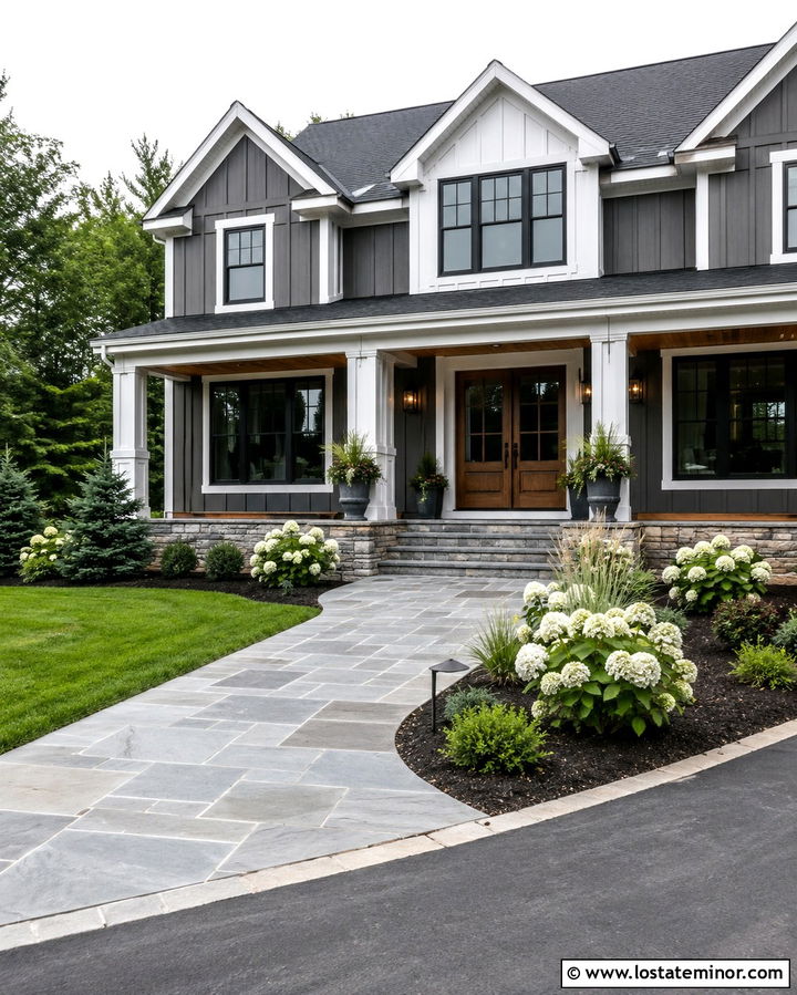 Slate Grey House With Walkway And Front Porch - 30 Slate Grey House Design With Walkway Ideas