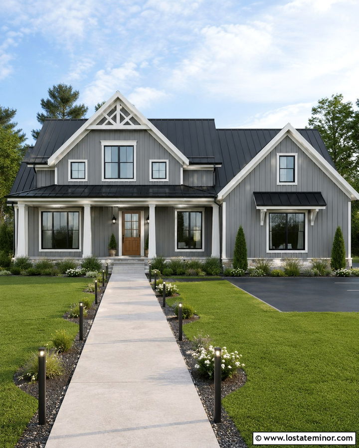 Slate Grey House With Walkway Lighting - 30 Slate Grey House Design With Walkway Ideas