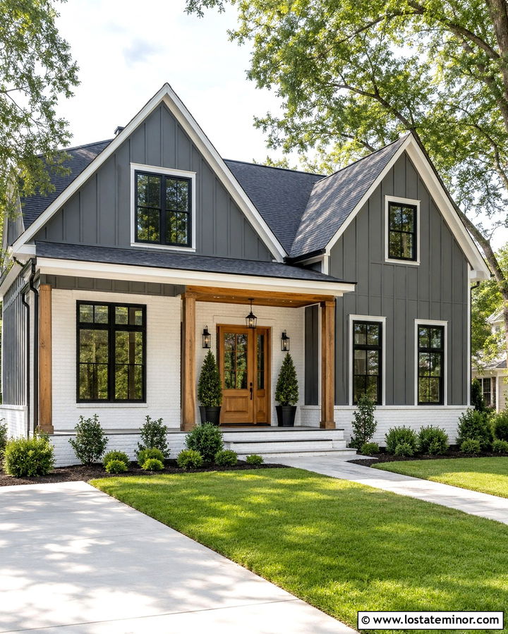 Slate Grey House With White Brick And Cedar Door - 30 Slate Grey House Design With Brick Accents Ideas