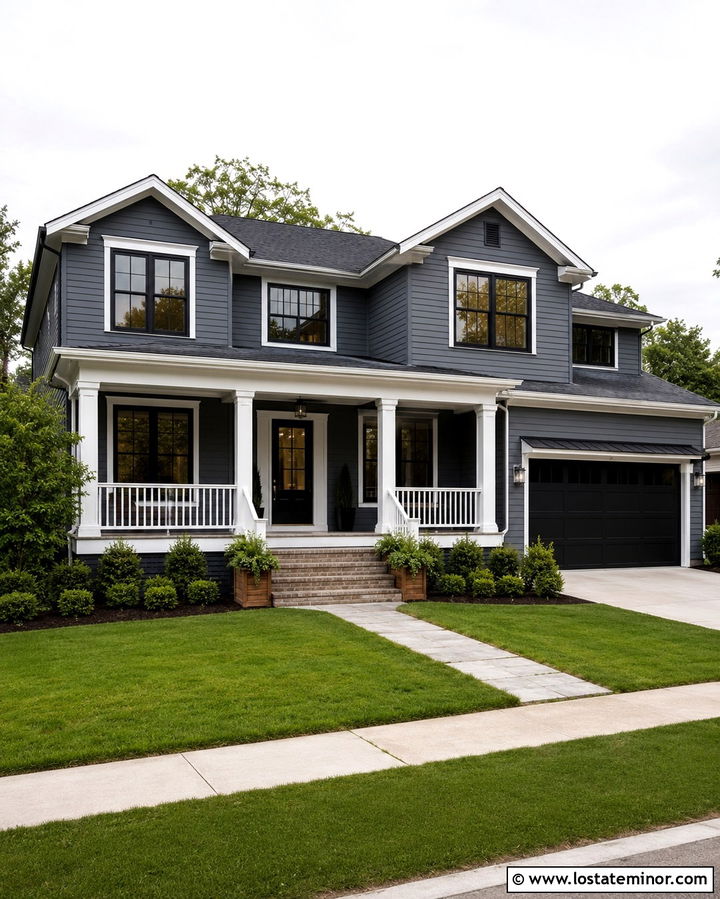 Slate Grey House With White Columns And Black Door - 30 Slate Grey House Design With Porch Columns Ideas