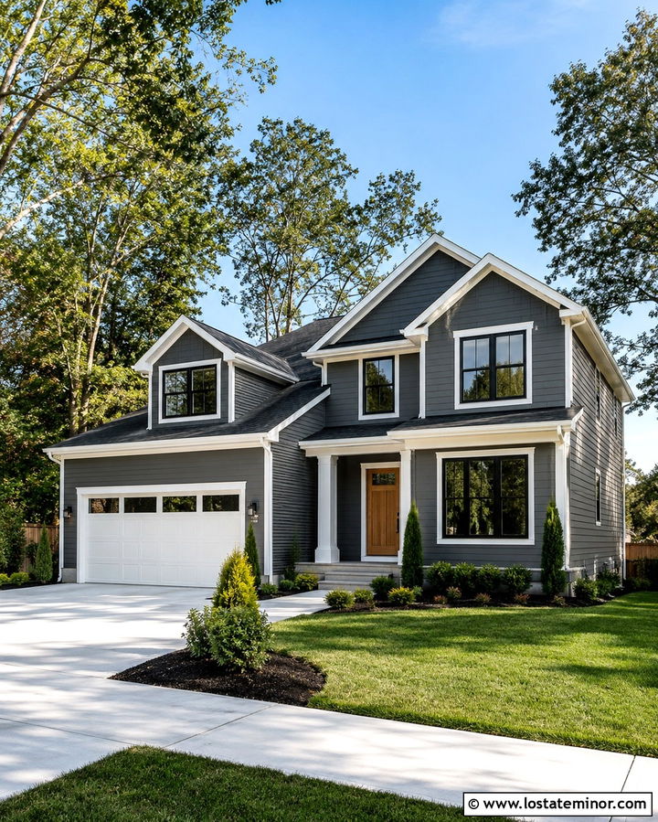 Slate Grey House With White Concrete Driveway - 30 Slate Grey House Design With Driveway Ideas