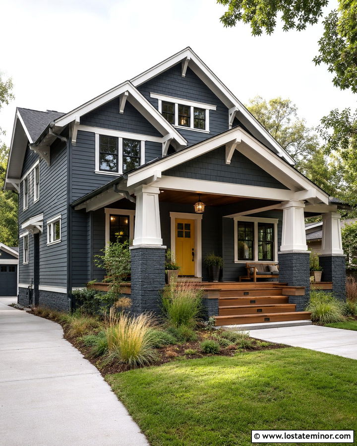 Slate Grey House With White Craftsman Columns - 30 Slate Grey House Design With Porch Columns Ideas