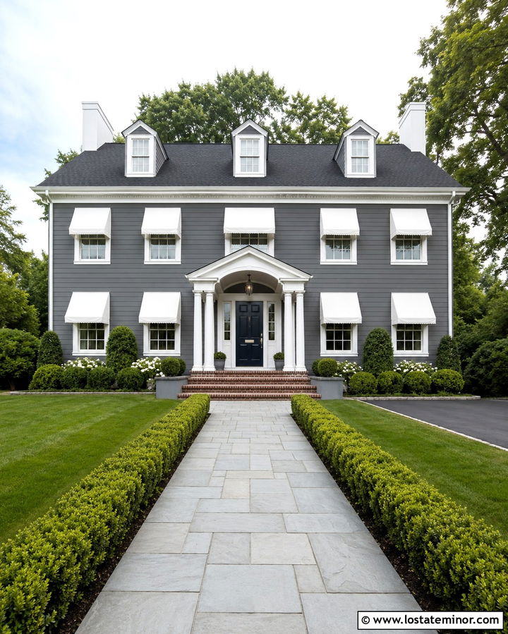 Slate Grey House With White Fabric Awnings - 30 Slate Grey House Design With Awning Ideas