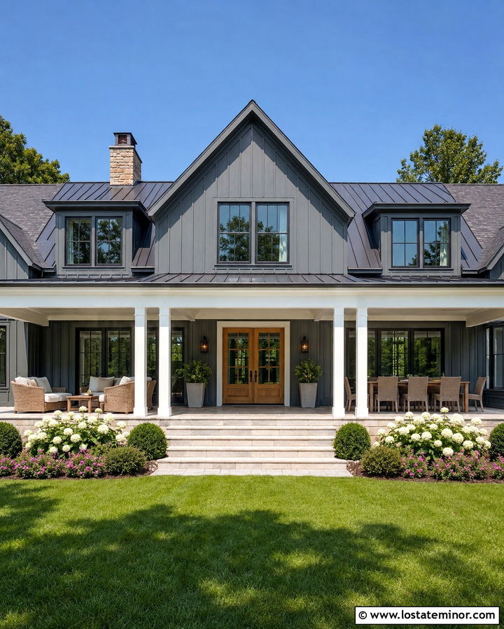 Slate Grey House With White Farmhouse Porch - 30 Slate Grey House Design With Backyard Ideas