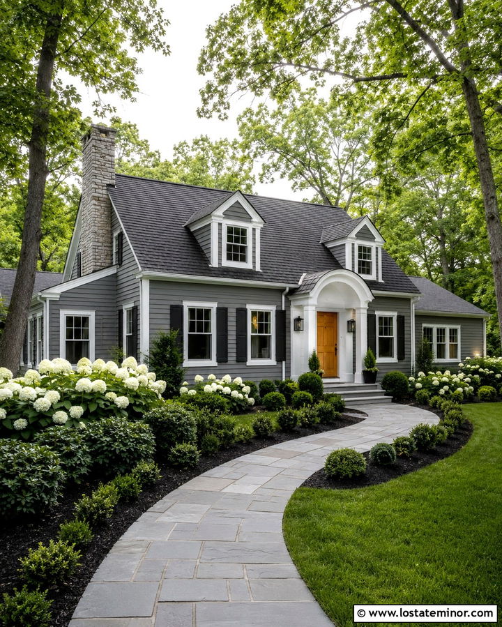 Slate Grey House With White Hydrangeas - 30 Slate Grey House Design With Landscaping Ideas