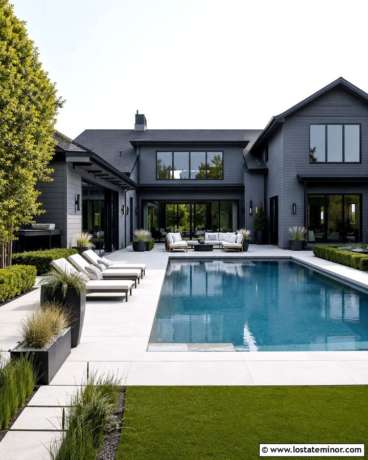 Slate Grey House With White Pool Deck - 30 Slate Grey House Design With Swimming Pool Ideas