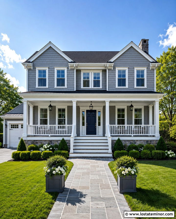 Slate Grey House With White Porch Railings - 30 Slate Grey House Design With Steps Ideas