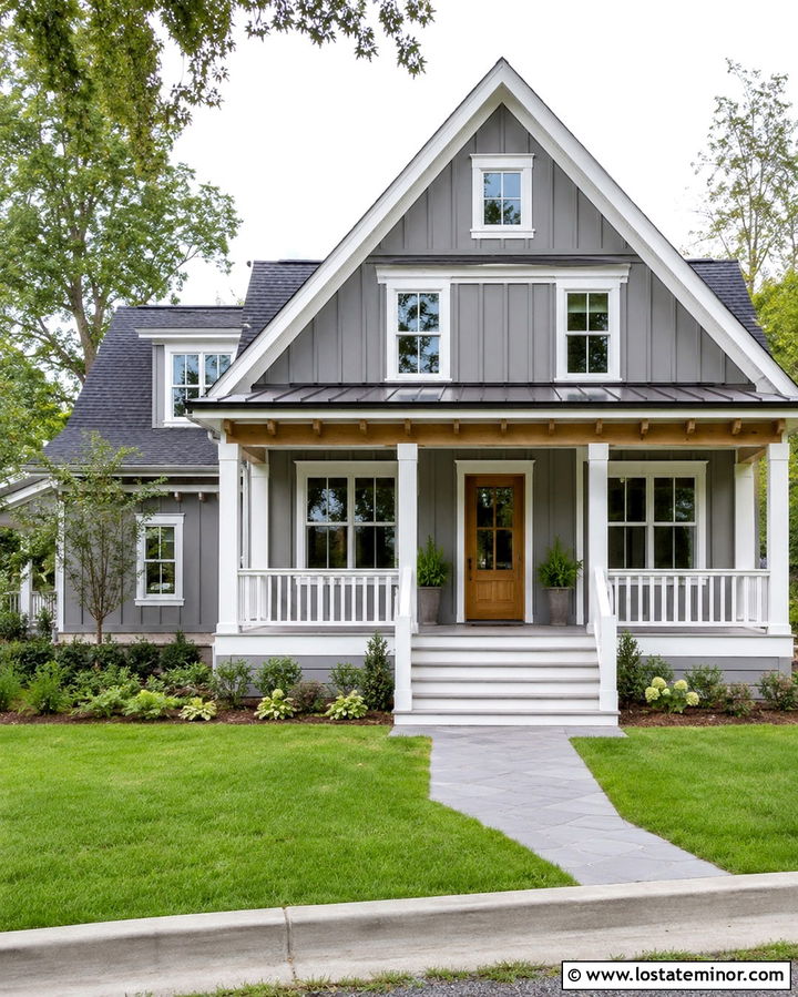 Slate Grey House With White Porch Railings - 30 Slate Grey House Design With Railings Ideas