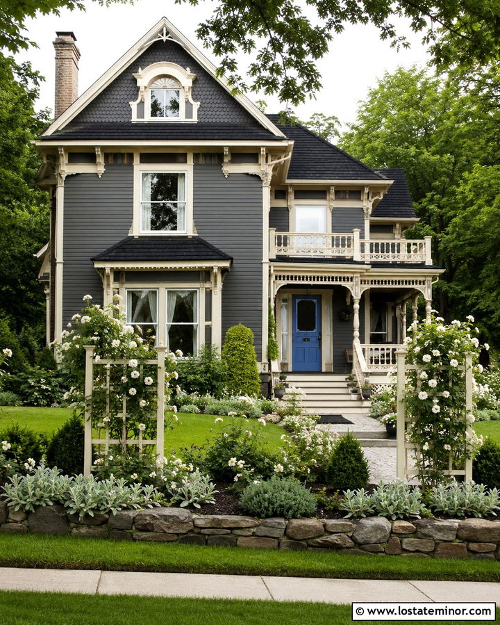 Slate Grey House With White Rose Garden - 30 Slate Grey House Design With Landscaping Ideas