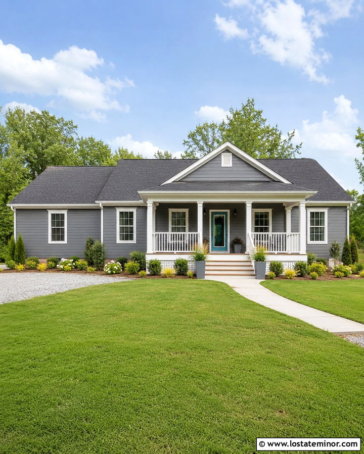 Slate Grey House With White Storm Door And Wide Front Porch - 30 Slate Grey House Design With Storm Door Ideas