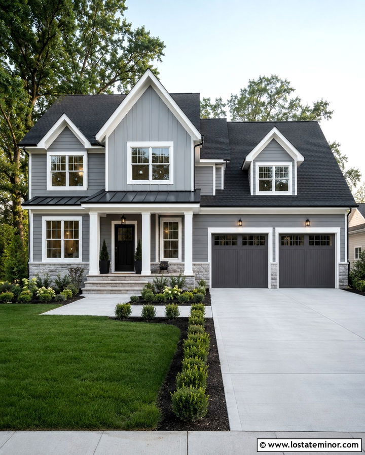 Slate Grey House With White Trim And Black Roof - 30 Slate Grey House Design With Gables Ideas