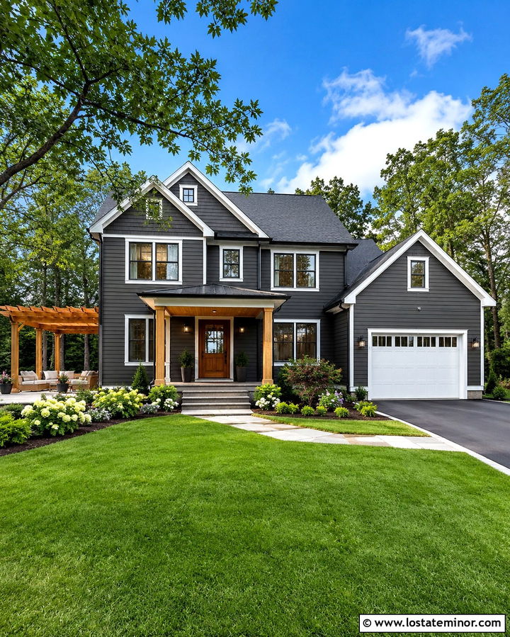 Slate Grey House With White Trim And Cedar Pergola - 30 Slate Grey House Design With Pergola Ideas