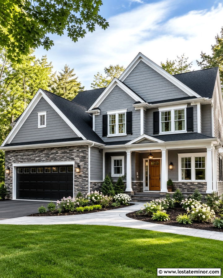 Slate Grey House With White Trim And Stone Wainscoting - 30 Slate Grey House Design With Wainscoting Ideas