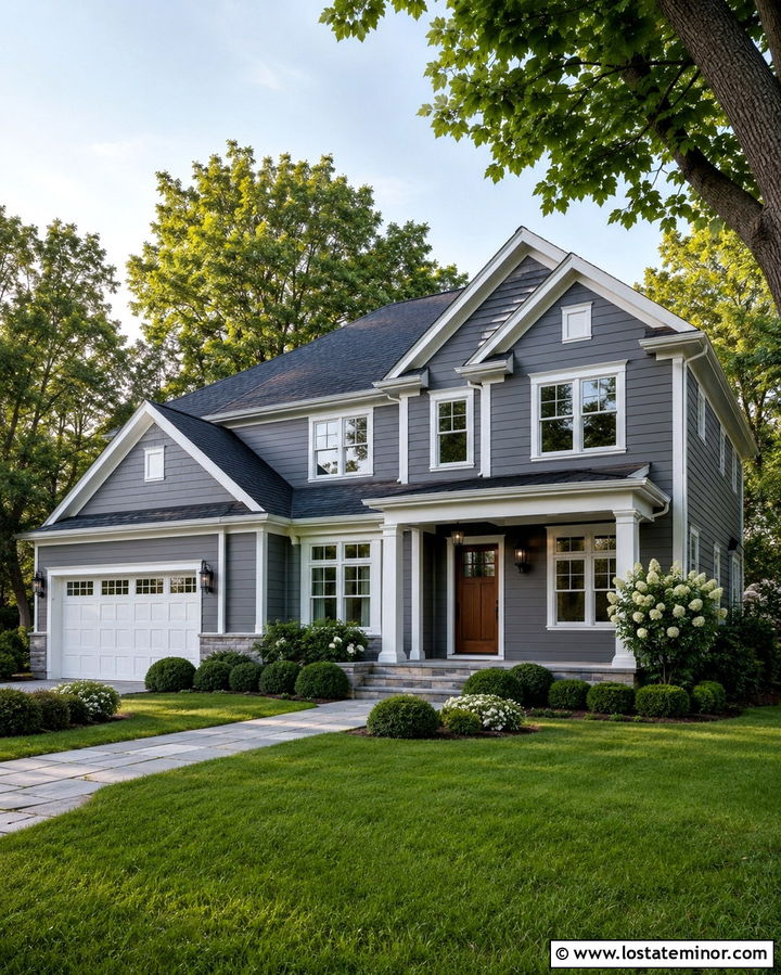 Slate Grey House With White Trim And Wood Door - 30 Slate Grey House Design With Accents Ideas