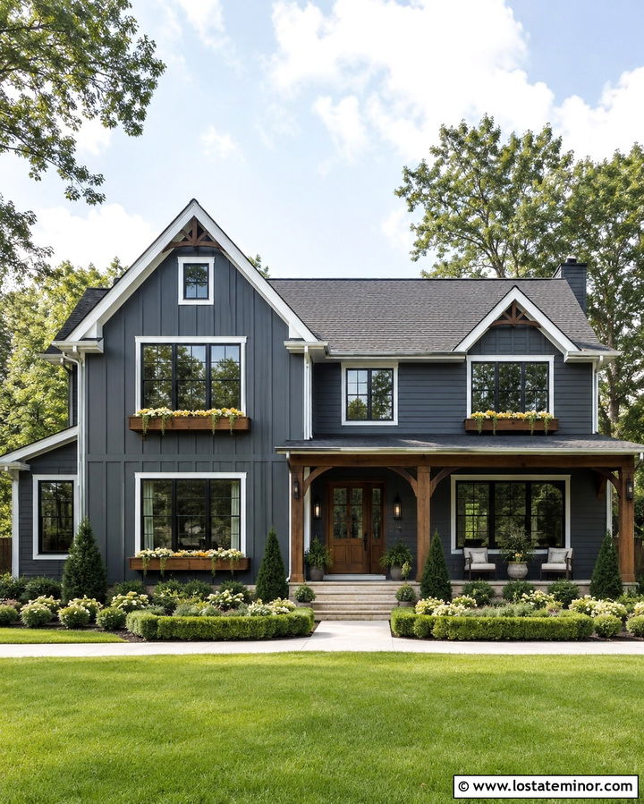 Slate Grey House With White Trim And Wood Window Boxes - 30 Slate Grey House Design With Window Boxes Ideas