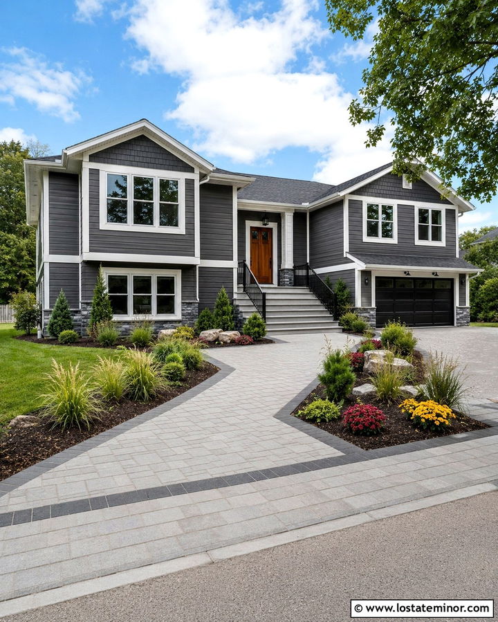 Slate Grey House With Wide Front Walkway - 30 Slate Grey House Design With Walkway Ideas