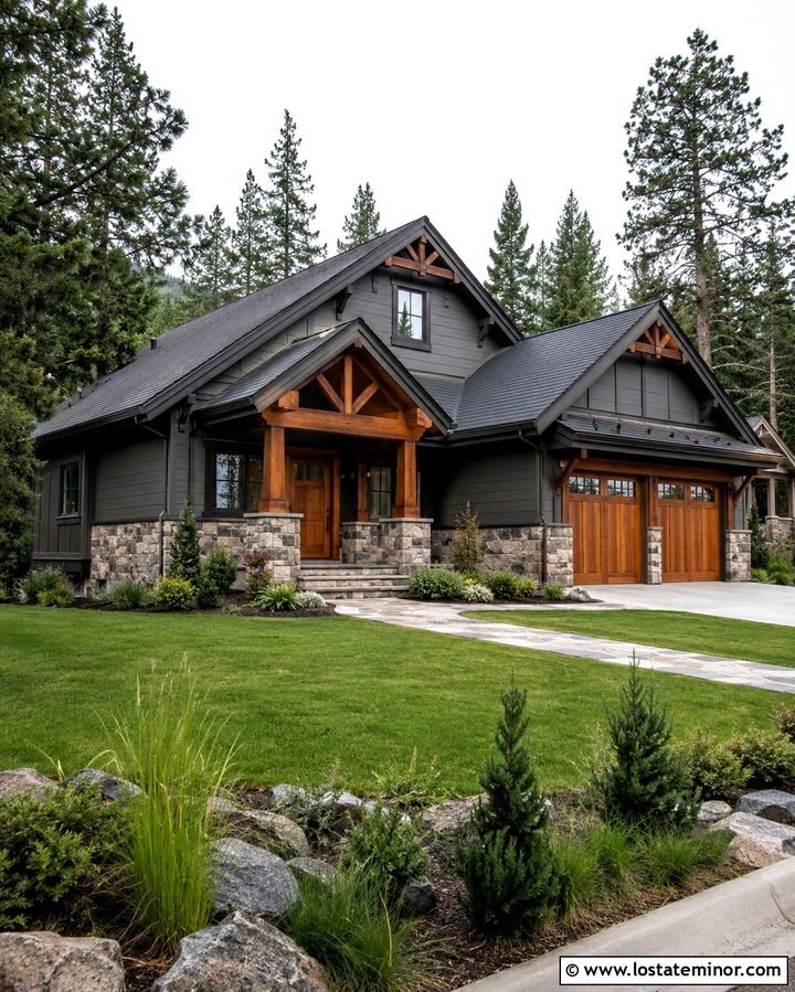 Slate Grey House With Wood And Stone Trim - 30 Slate Grey House Design With Trim Ideas