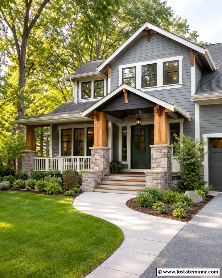 Slate Grey House With Wood Bracket Awning - 30 Slate Grey House Design With Awning Ideas