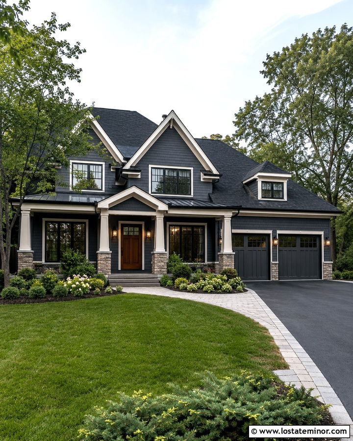 Slate Grey House With Wood Door And Black Lights - 30 Slate Grey House Design With Light Fixtures Ideas
