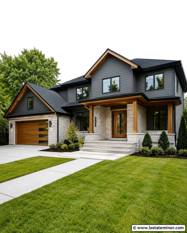 Slate Grey House With Wood Door And Black Numbers - 30 Slate Grey House Design With House Numbers Ideas