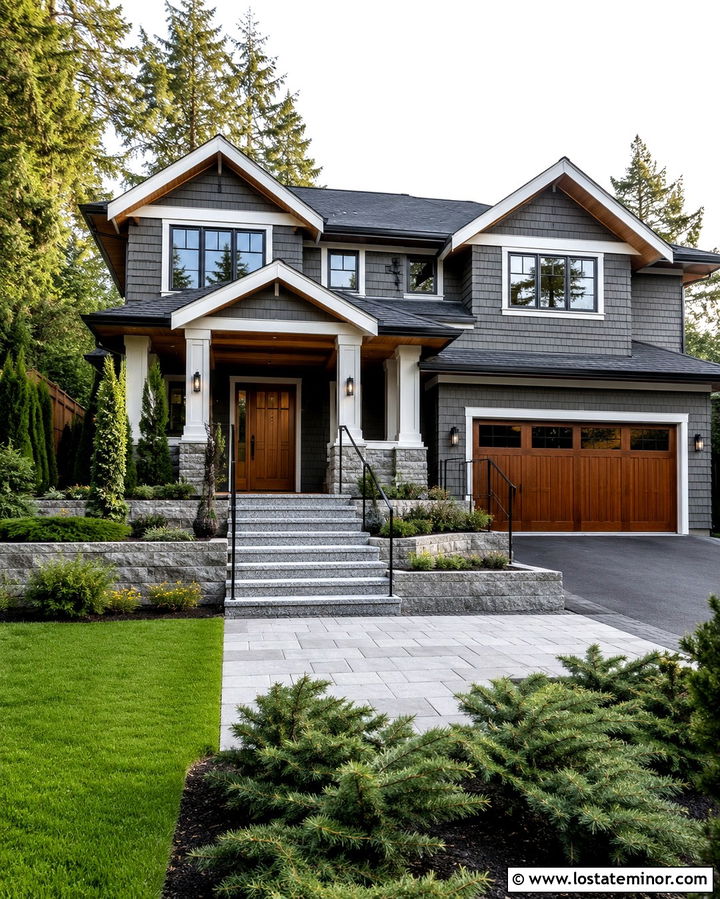 Slate Grey House With Wood Door And Granite Steps - 30 Slate Grey House Design With Steps Ideas