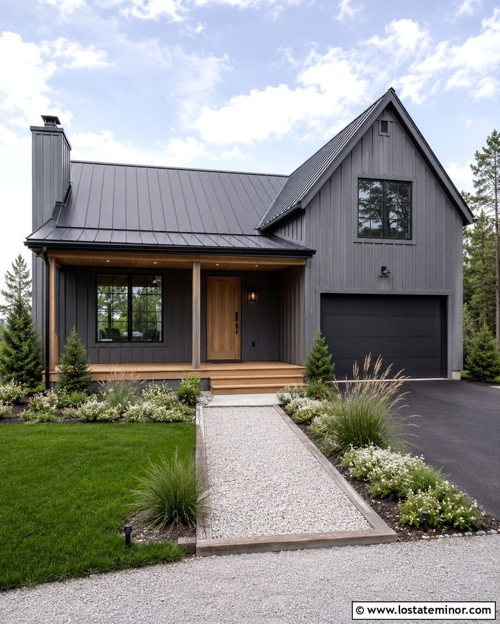 Slate Grey House With Wood Edged Walkway - 30 Slate Grey House Design With Walkway Ideas