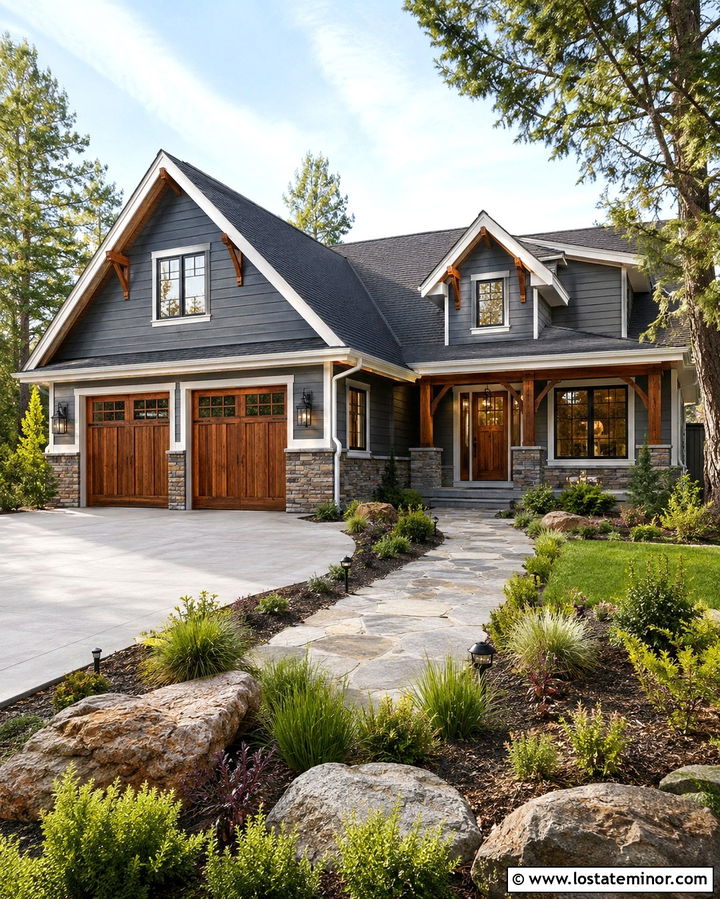 Slate Grey House With Wood Garage Doors - 30 Slate Grey House Design With Dormers Ideas