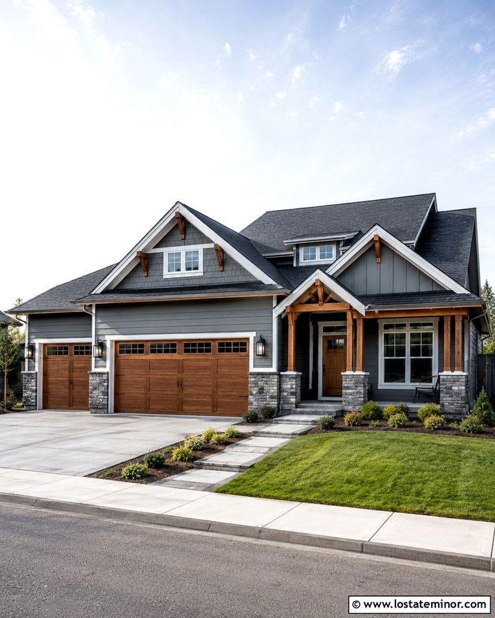 Slate Grey House With Wood Garage Doors - 30 Slate Grey House Design With Accents Ideas
