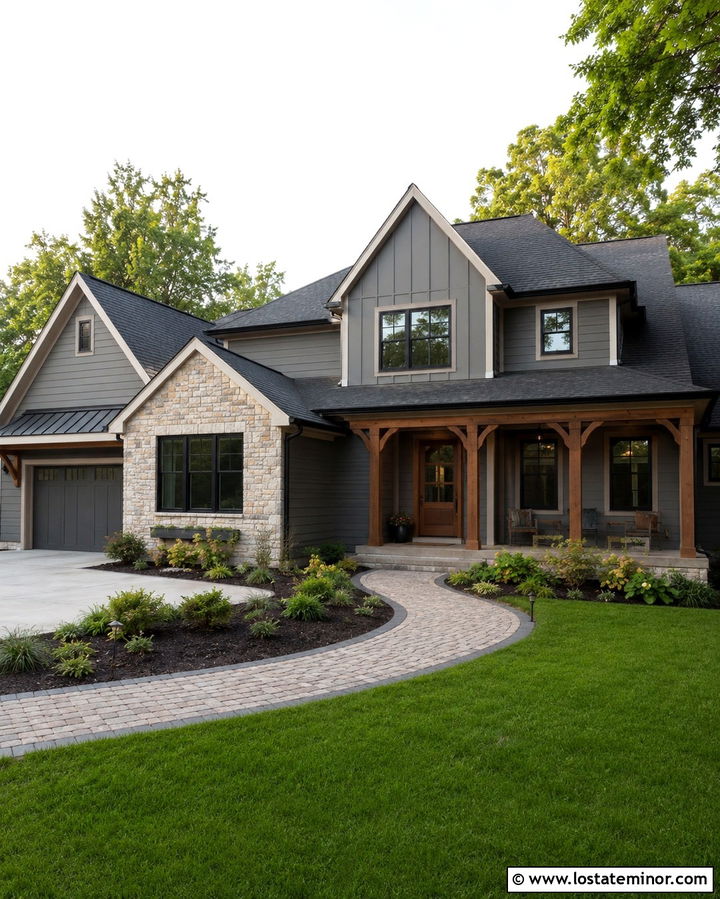 Slate Grey House With Wood Look Storm Door - 30 Slate Grey House Design With Storm Door Ideas