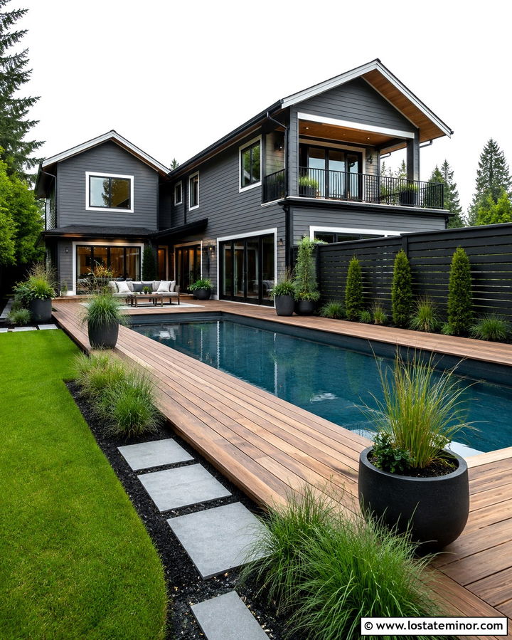 Slate Grey House With Wood Pool Deck - 30 Slate Grey House Design With Swimming Pool Ideas