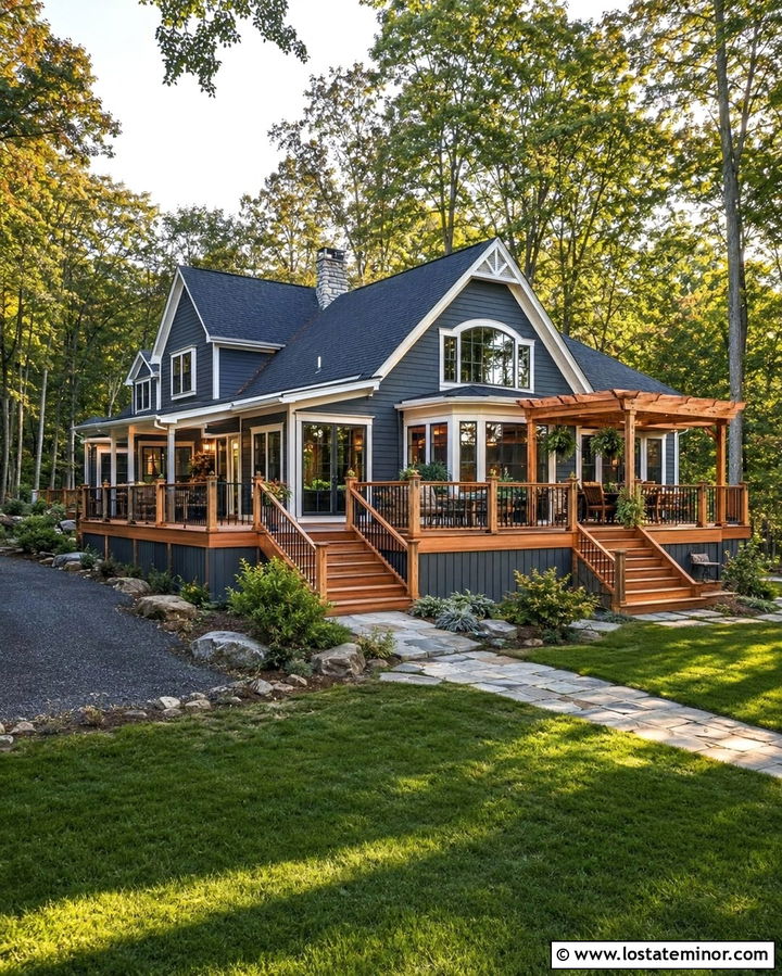 Slate Grey House With Wraparound Deck Pergola - 30 Slate Grey House Design With Pergola Ideas