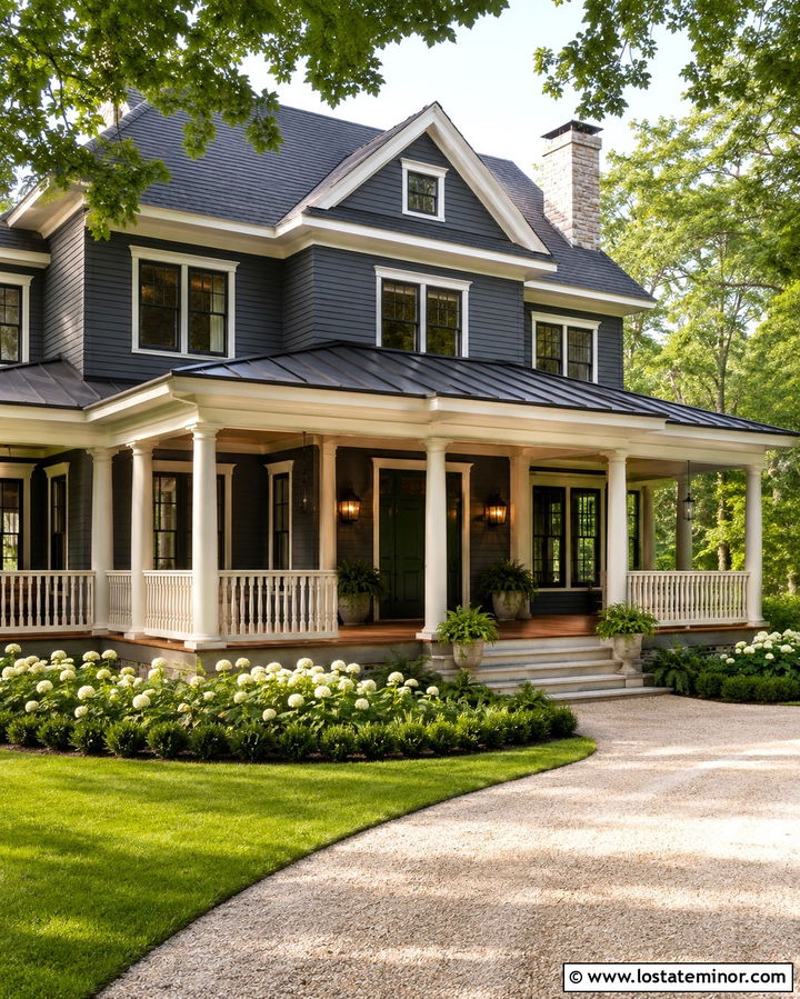 Slate Grey House With Wraparound Porch Columns - 30 Slate Grey House Design With Porch Columns Ideas