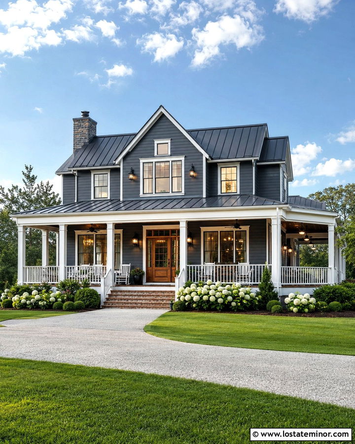 Slate Grey House With Wraparound Porch Lighting - 30 Slate Grey House Design With Lighting Ideas