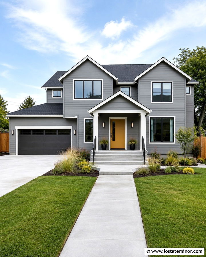 Slate Grey House With Yellow Door And Concrete Steps - 30 Slate Grey House Design With Steps Ideas