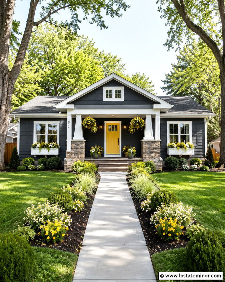 Slate Grey House With Yellow Door And Window Boxes - 30 Slate Grey House Design With Window Boxes Ideas