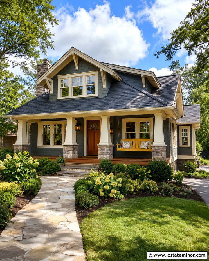 Slate Grey House With Yellow Porch Swing - 30 Slate Grey House Design With Swing Ideas
