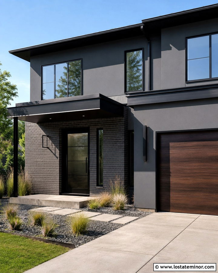 Slate Grey Industrial House With Glass Black Front Door - 30 Slate Grey House Design With Front Door Ideas