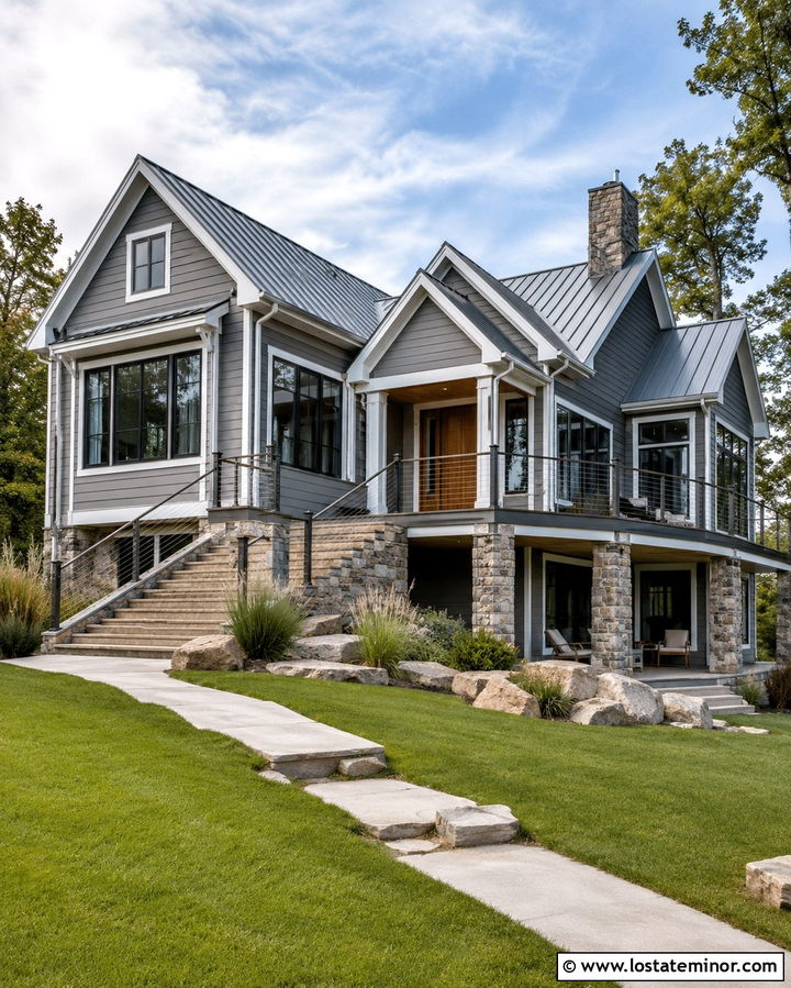Slate Grey Lake House With Cable Deck Railings - 30 Slate Grey House Design With Railings Ideas