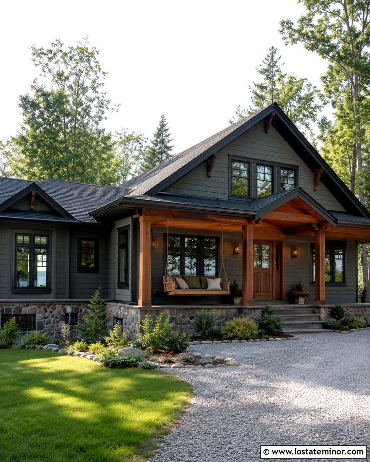 Slate Grey Lake House With Cedar Swing - 30 Slate Grey House Design With Swing Ideas