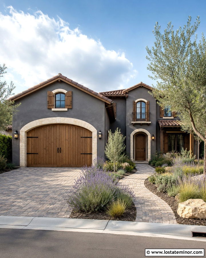 Slate Grey Mediterranean House With Cedar Garage Door - 30 Slate Grey House Design With Garage Door Ideas
